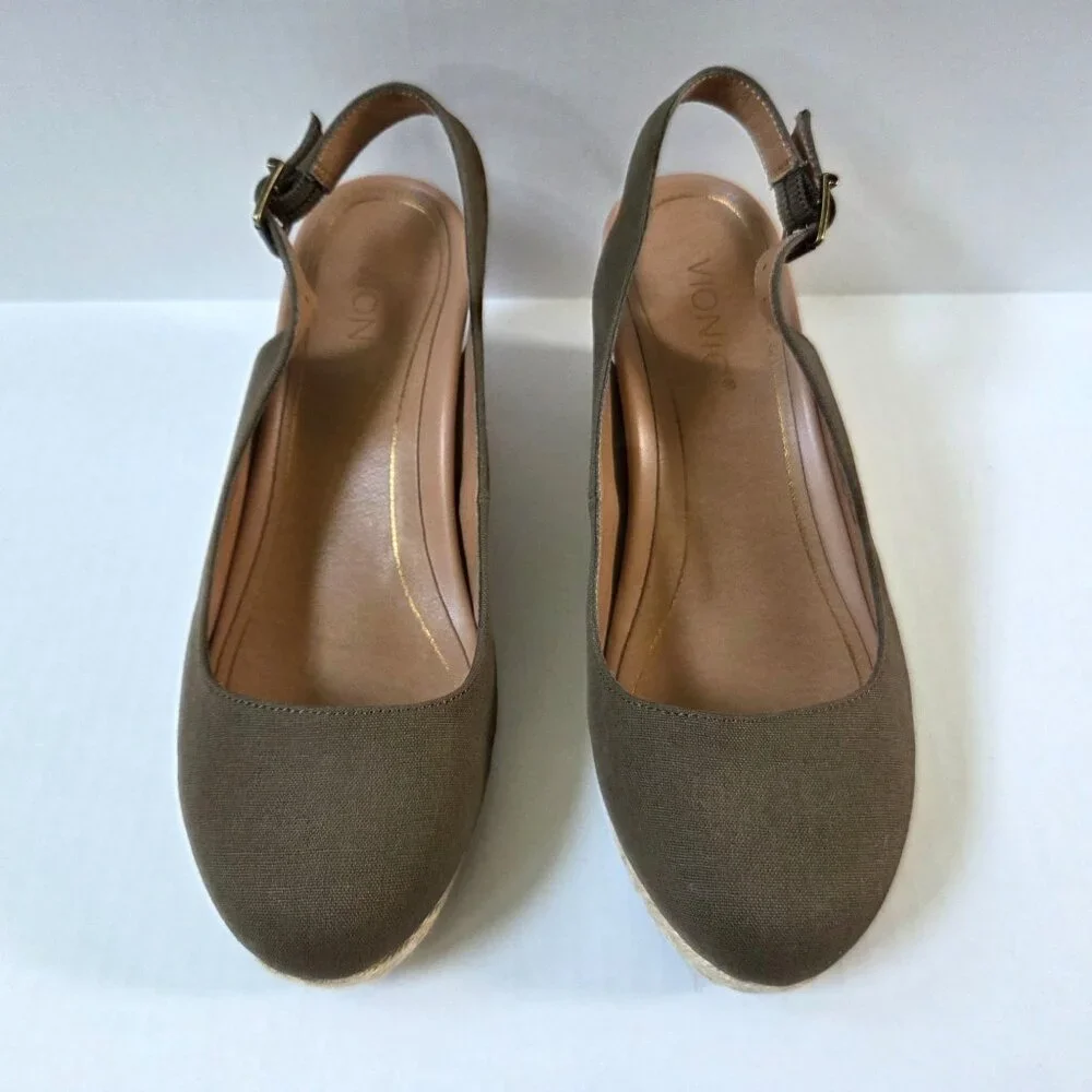 Vionic Coralina Espadrille Wedges Size 9.5 Olive Green Slingback Preppy Sandals